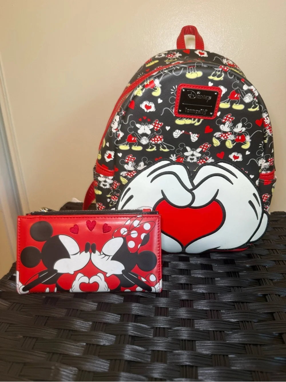 Loungefly Black, Red & White Mickey & Minnie Heart Mini Backpack and Wallet Set